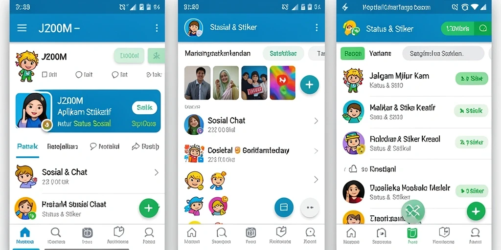 Tampilan antarmuka menarik dengan berbagai stiker untuk status.