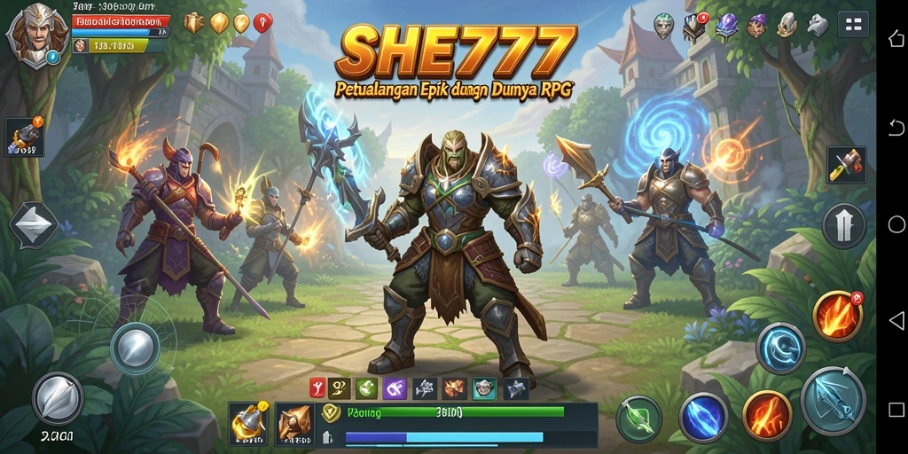 Antarmuka SHE777 menampilkan desain RPG yang epik dan menarik.